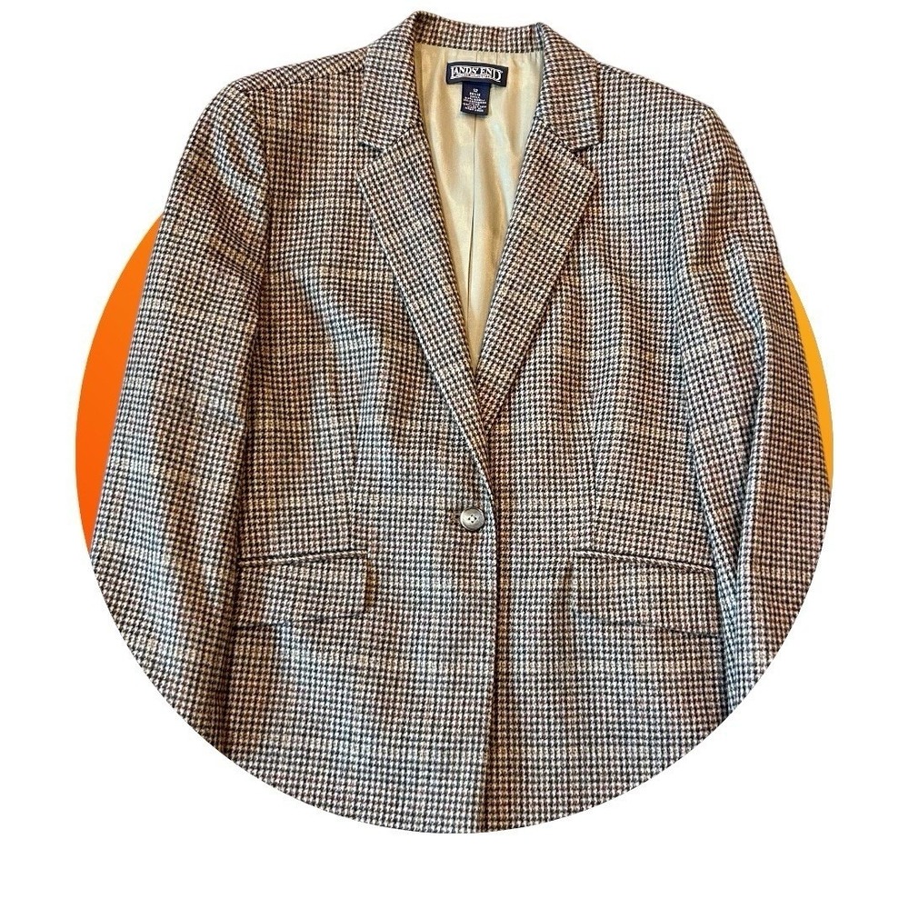 Lands End Womens 12 Petite Wool Cashmere Houndstooth Heritage Blazer Brown
